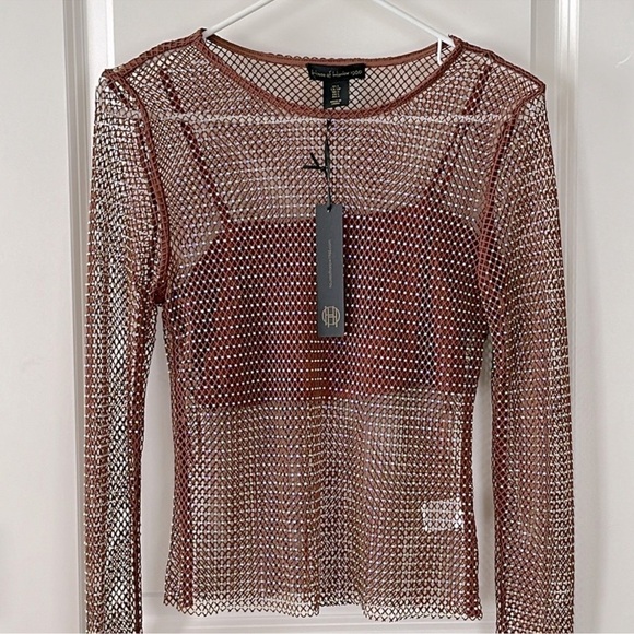NWT House of Harlow 1960 Brown Open Stitch Top size XS fish net see through top - Picture 1 of 6